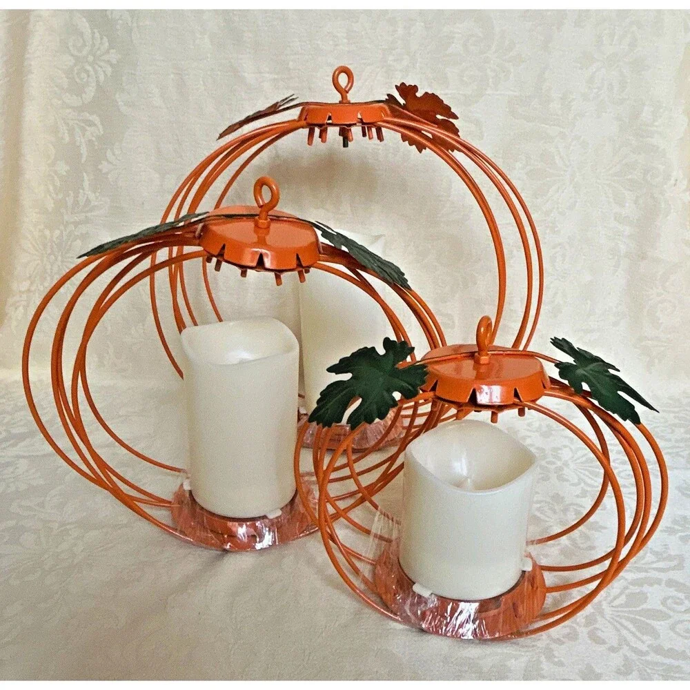 Set of 3 Metal Orange Pumpkin Candle Holders w/ LED Candles, Halloween